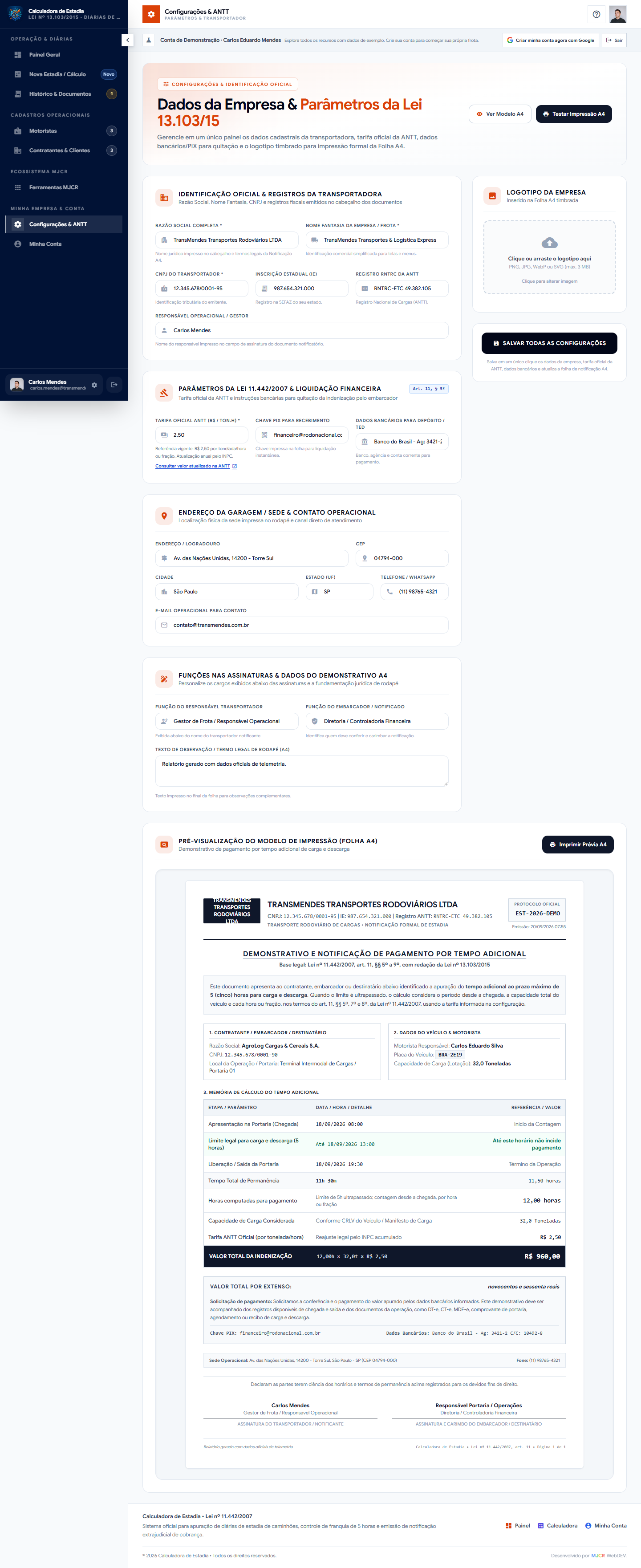 Configurações da empresa e parâmetros legais da Calculadora de Estadia